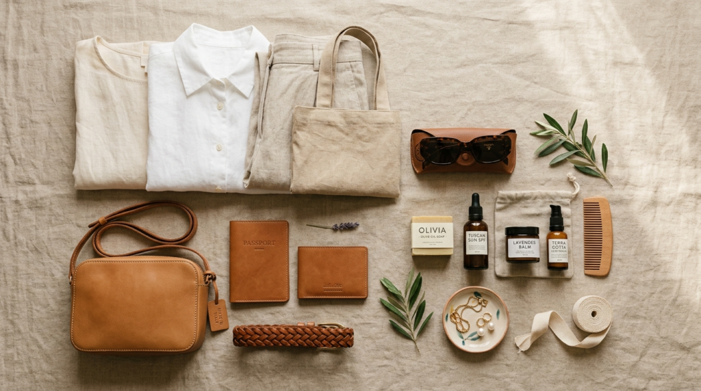 Luxury travel aesthetic: Overhead flat lay of a curated Tusc