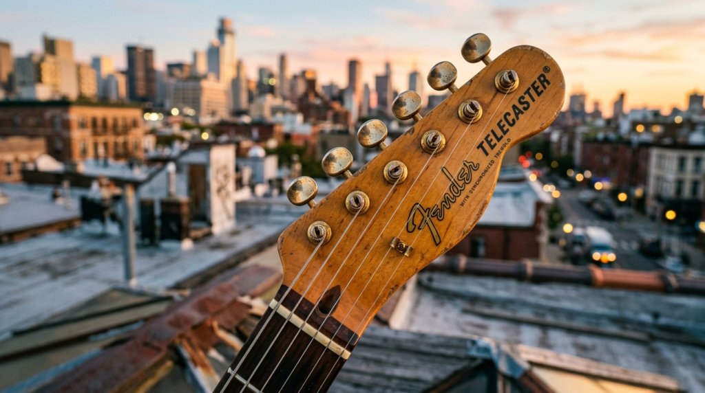 A close-up detail shot of a vintage Fender Telecaster headst