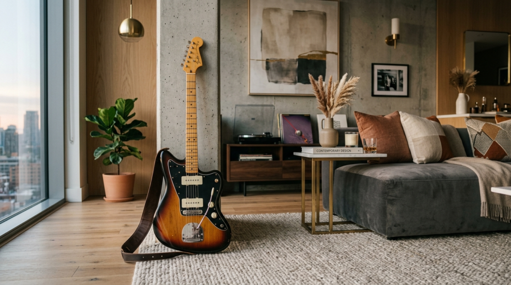 A contemporary lifestyle scene featuring a Fender Jazzmaster
