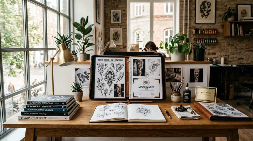 Award-winning tattoo portfolio display on wooden desk with s