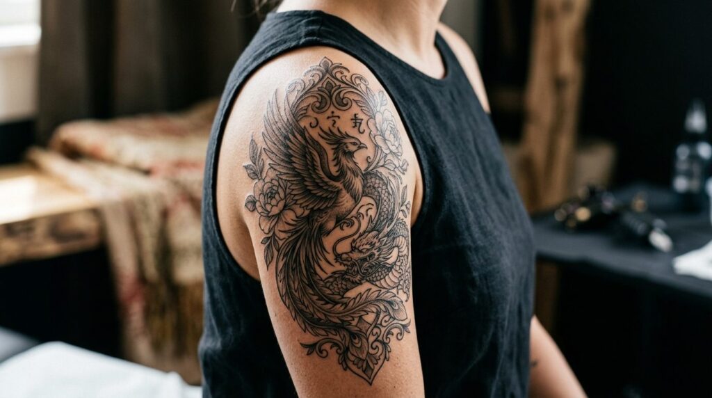Close-up detail of intricate custom tattoo artwork on skin s