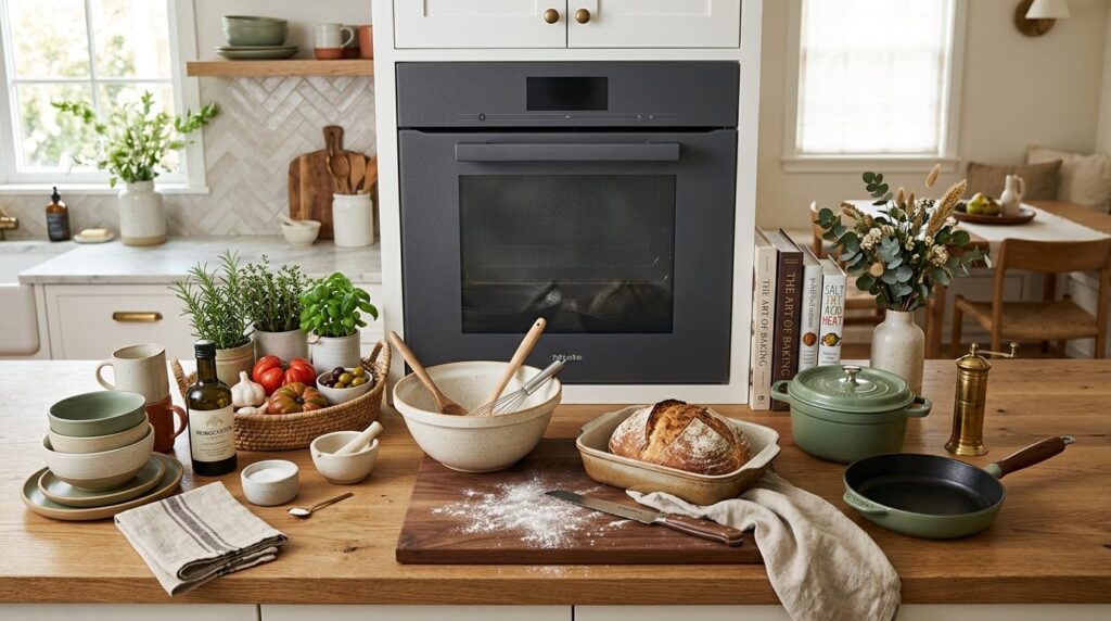 Overhead flat-lay composition of ceramic kitchen essentials 
