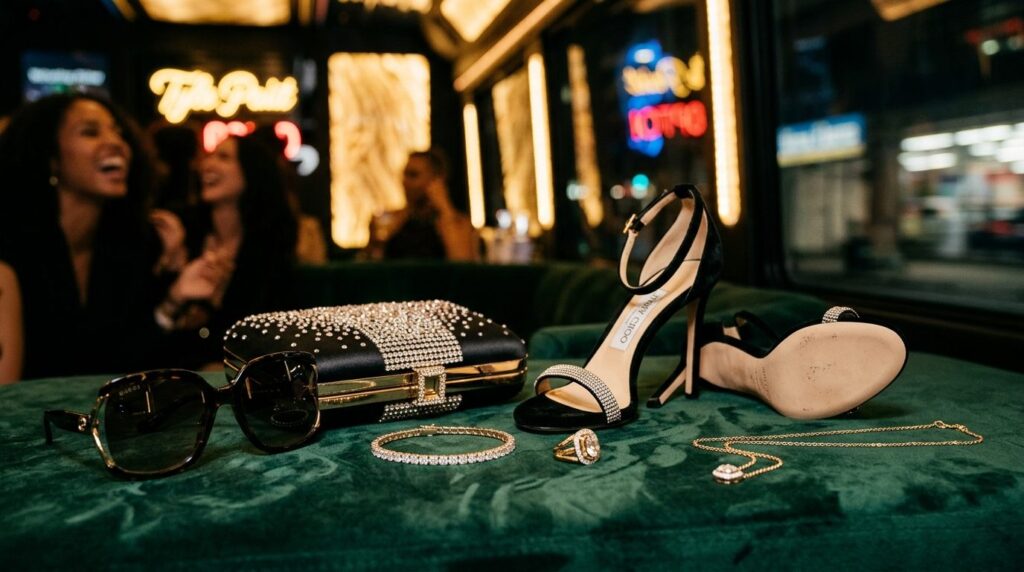 Close-up fashion shot of luxury party accessories arranged o