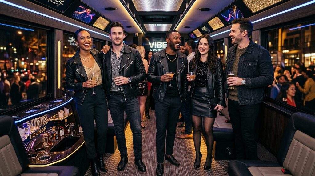 Full-length fashion photograph of stylishly dressed group of