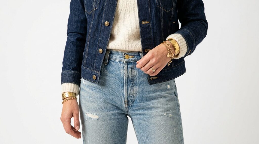Close-up fashion detail shot of double denim styling: dark i