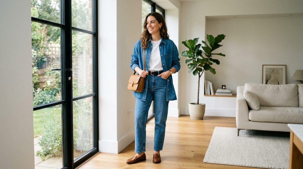 Full-body fashion lifestyle photograph of a woman in coordin