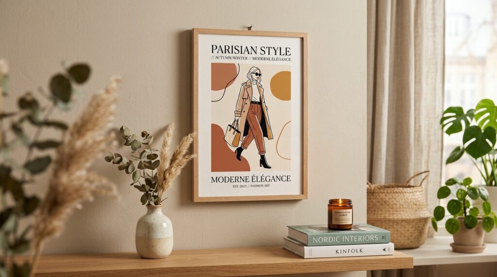 Close-up lifestyle photograph of a sleek small poster in 21x