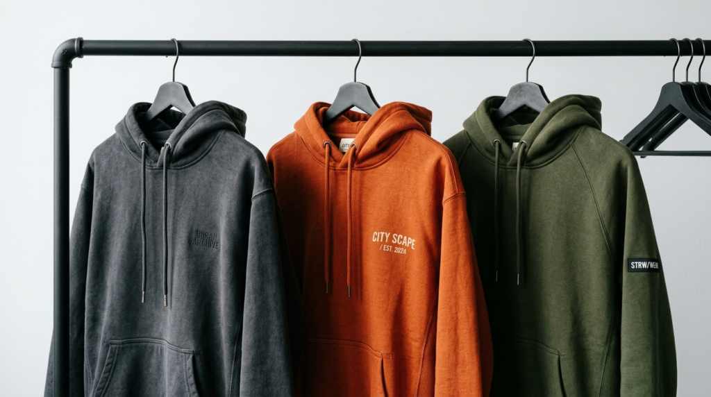 Close-up product photography of three high-quality streetwea