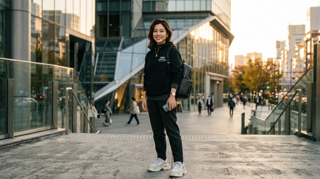 Urban lifestyle scene of a young professional wearing a prem