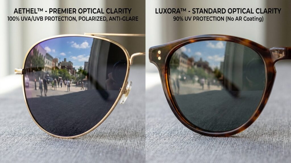 Close-up comparison of sunglasses lenses showing UV filter q