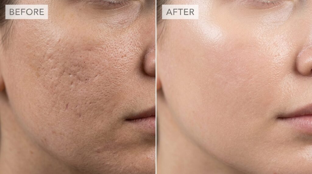 Before and after split-screen comparison of skin texture tra