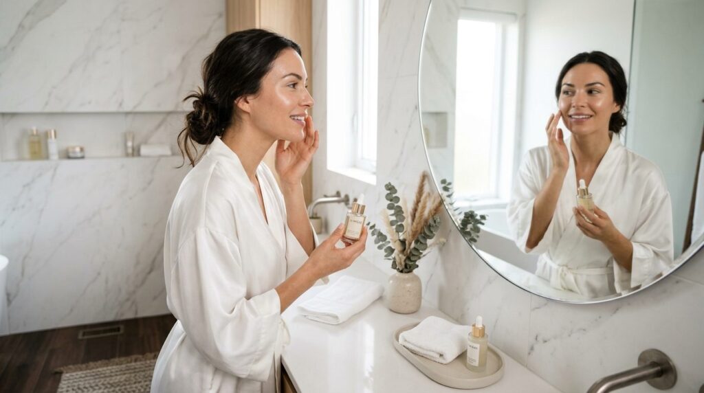 Luxury skincare lifestyle shot: woman examining her glowing 